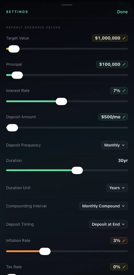 CompoundFX settings on iPhone for default scenario values: target, principal, interest rate, deposit amount and frequency, duration, compounding interval, deposit timing, inflation, and tax rate